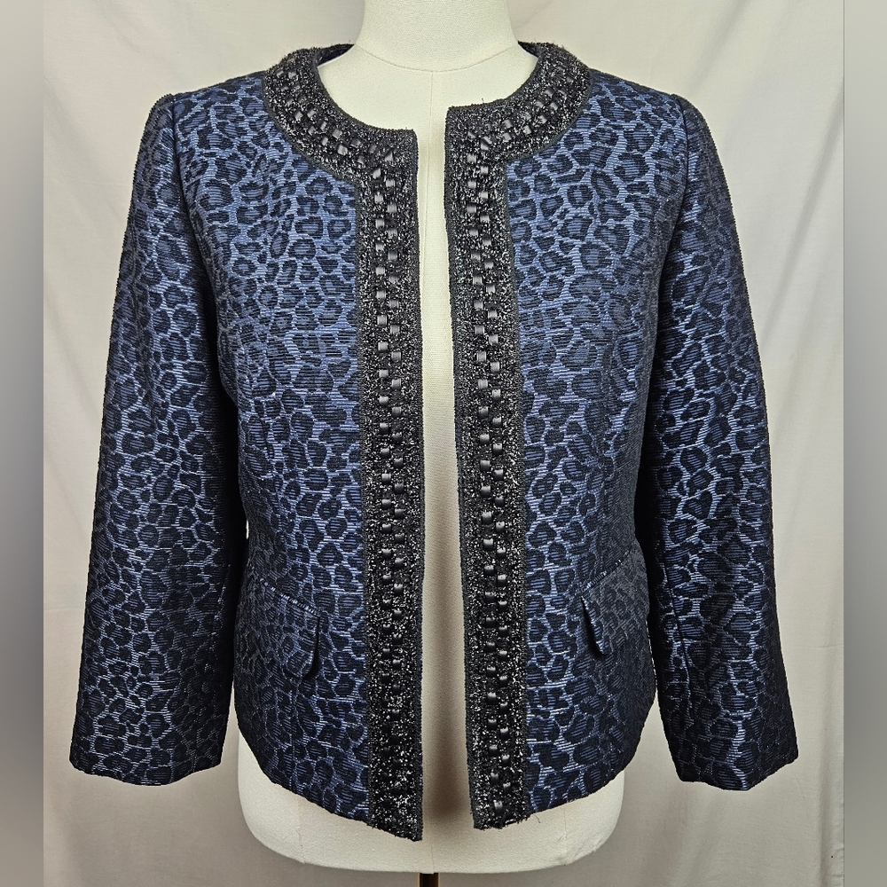 Chicos Leopard Print Metallic Blue‎ Jewel Lined Blazer Sz 0 Maximalist Luxury